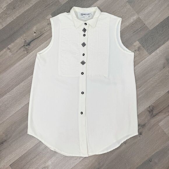 Vintage 80s Renaissance Pleated Sleeveless White Button Up Blouse White Medium - Picture 11 of 11